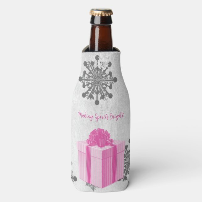 Pink Christmas Gift Holiday Bottle Cooler (Bottle Front)