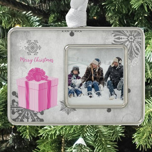 Pink Christmas Gift Holiday Photo Silver Plated Framed Ornament