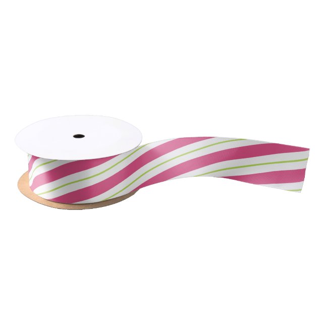 Pink Christmas Gift Wrapping Ribbon | Green Stripe Satin Ribbon (Spool)