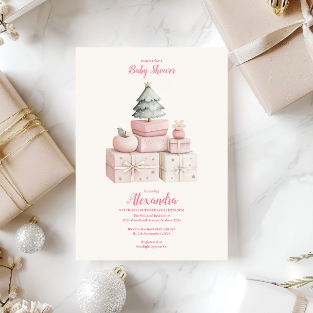 Pink Christmas Gifts Baby Shower Invitation (Creator Uploaded)