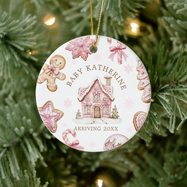 Pink Christmas Gingerbread Cookie Baby Arriving Ceramic Tree Decoration (Tree)
