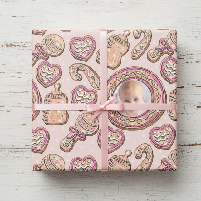 Pink Christmas Gingerbread Cookies Baby Photo Wrapping Paper (Cute Baby's First Christmas Wrapping Paper for Kids. Pink Winter Xmas Cookies Pattern for Baby Girl )