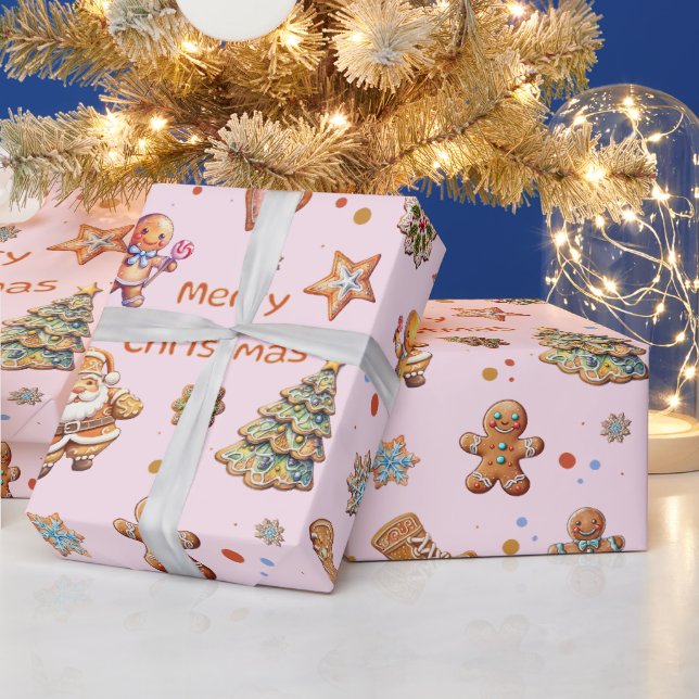 Pink Christmas Gingerbread Fun Cute Wrapping Paper (Holidays)