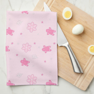 Pink Christmas Gingerbread Man Snowflakes Pattern Tea Towel