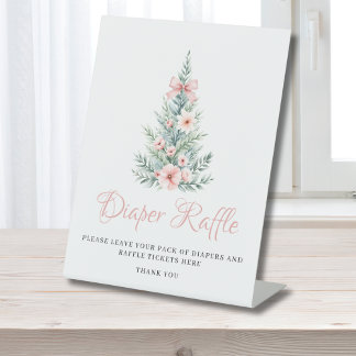 Pink Christmas Girl Baby Shower Diaper Raffle Pedestal Sign