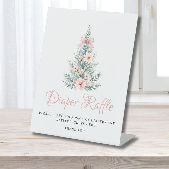 Pink Christmas Girl Baby Shower Diaper Raffle Pedestal Sign (Creator Uploaded)