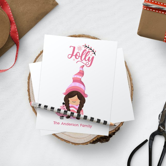 Pink Christmas Girl Gnome With Dark Hair Jolly Holiday Card (Pink Christmas Girl Gnome With Dark Hair Jolly Holiday Card - Personalized Festive Greeting)