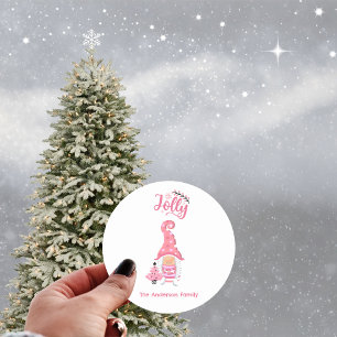 Pink Christmas Girl Gnome With Winer Hat Jolly Classic Round Sticker