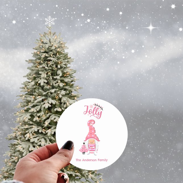 Pink Christmas Girl Gnome With Winer Hat Jolly Classic Round Sticker (Pink Christmas Girl Gnome With Winer Hat Jolly Classic Round Sticker - Personalized Festive Greeting)