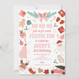 Pink Christmas Girl Winter Holiday Birthday Party Invitation