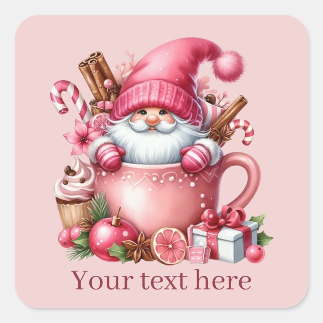 Pink Christmas gnome add text  Square Sticker (Front)