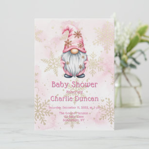 Pink Christmas Gnome Gold Snowflakes Baby Shower Invitation