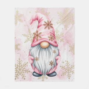Pink Christmas Gnome Gold Snowflakes Fleece Blanket