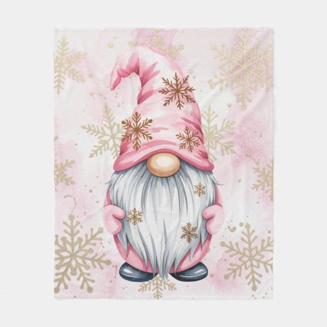 Pink Christmas Gnome Gold Snowflakes Fleece Blanket (Front)