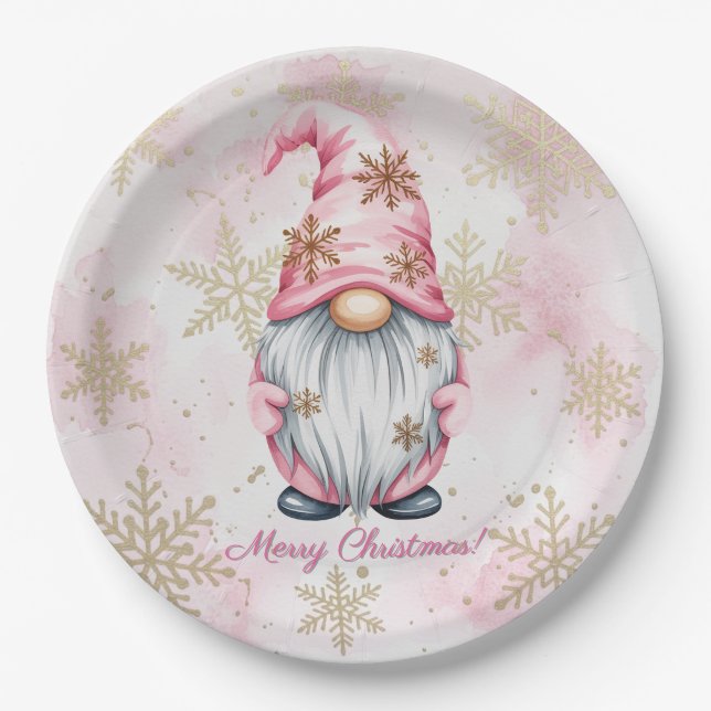 Pink Christmas Gnome Gold Snowflakes Paper Plate (Front)