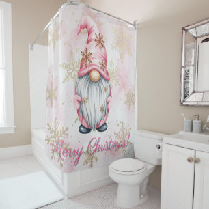 Pink Christmas Gnome Gold Snowflakes Shower Curtain