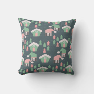 Pink Christmas Gnome Village Gingerbread Houses Cushion
