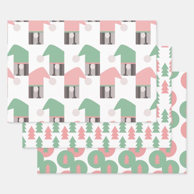 Pink Christmas Gnomes Trees and Ornaments Wrapping Paper Sheet (Set)