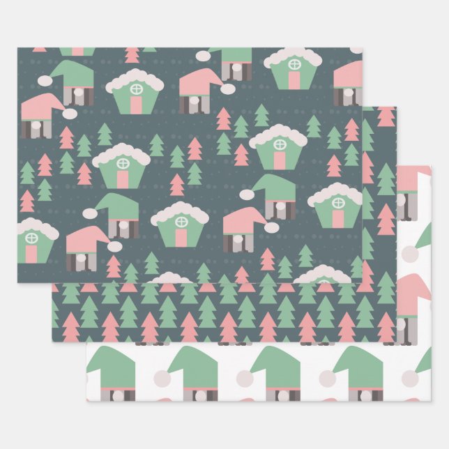 Pink Christmas Gnomes Village City Wrapping Paper Sheet (Set)