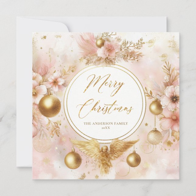 Pink Christmas Gold Angel Floral Wreath Family Holiday Card (Front)