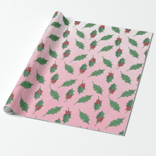 Pink Christmas Green Holly Red Berries Holiday Wrapping Paper