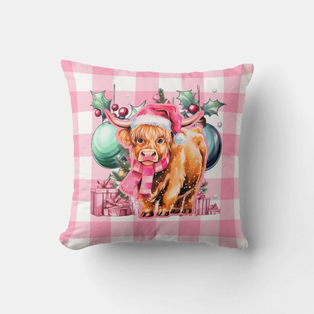 Pink Christmas Highland Cow Merry Christmas Plaid Cushion (Front)