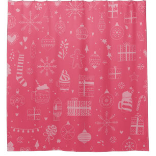 pink christmas holiday ornaments snowflake present shower curtain