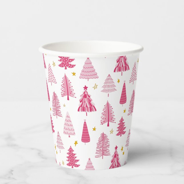 Pink Christmas Holiday tree Paper Cups (Front)