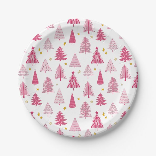Pink Christmas Holiday tree Paper Plate (Front)