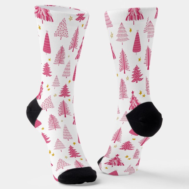 Pink Christmas Holiday tree Socks (Angled)