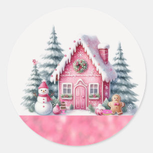 Pink Christmas Holiday Village Gingerbread House  Classic Round Sticker
