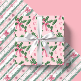 Pink Christmas Holly Candy Canes And Bows Wrapping Paper Sheet