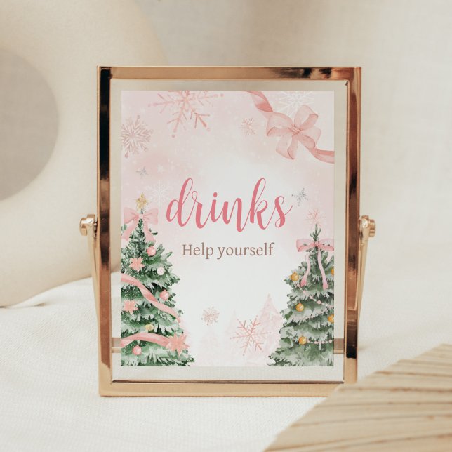 Pink Christmas Its Cold Outside Baby Shower Drinks Poster (Baby It's Cold Outside Pink Christmas Baby Shower Drinks Sign)