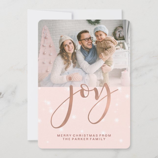 Pink Christmas Joy with Snowflakes and Photo Holiday Card (Front)