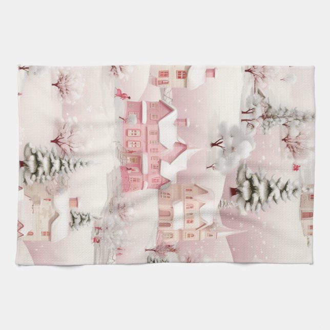 Pink Christmas kitchen towel. Tea Towel (Horizontal)