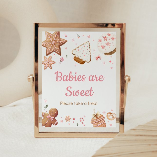 Pink Christmas Little Cookie Babies are Sweet Poster (Christmas Little Cookie Gingerbread Baby Shower Babies are Sweet Sign)