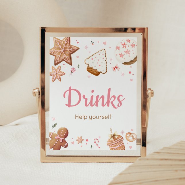 Pink Christmas Little Cookie Baby Shower Drinks Poster (Christmas Little Cookie Gingerbread Baby Shower Drinks Sign)