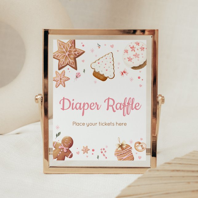 Pink Christmas Little Cookie Diaper Raffle Poster (Christmas Little Cookie Gingerbread Baby Shower Diaper Raffle Sign)