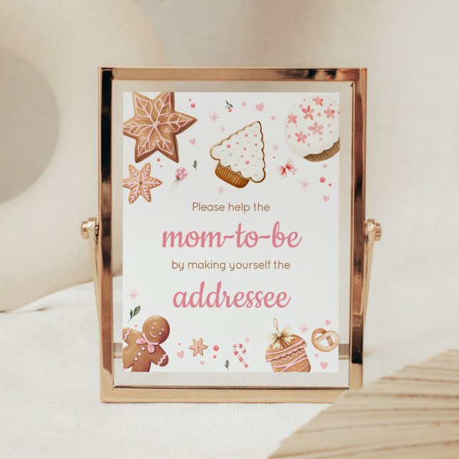 Pink Christmas Little Cookie Envelope Station Poster (Christmas Little Cookie Gingerbread Baby Shower Envelope Station Sign)
