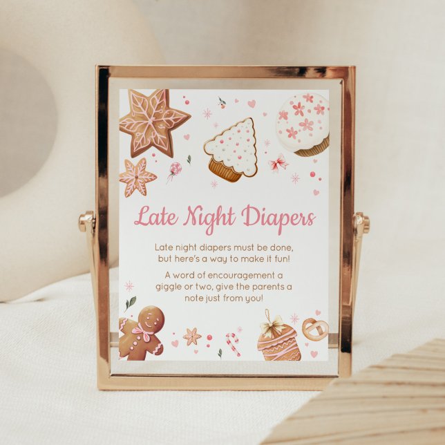 Pink Christmas Little Cookie Late Night Diapers Poster (Christmas Little Cookie Gingerbread Baby Shower Late Night Diapers Sign)