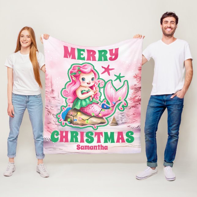 Pink Christmas Mermaid Personalised Kids Name Fleece Blanket (In Situ)