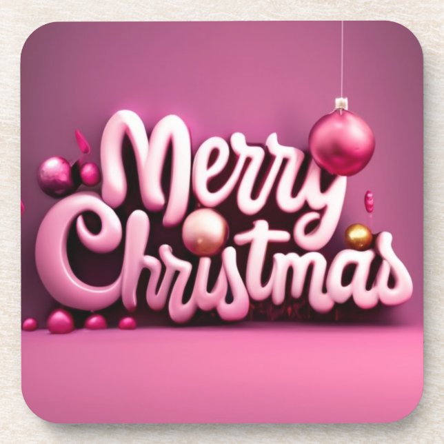 Pink Christmas Merry Christmas holiday 3D font Coaster (Front)