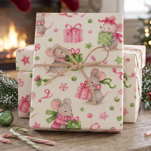 Pink Christmas Mice Wrapping Paper