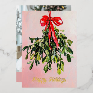 Pink Christmas Mistletoe Painting Custom Photo Foil Holiday Card