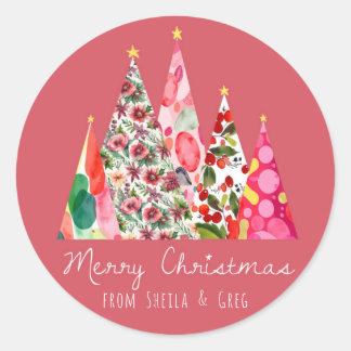 Pink Christmas Modern Elegant Trees Classic Round Sticker