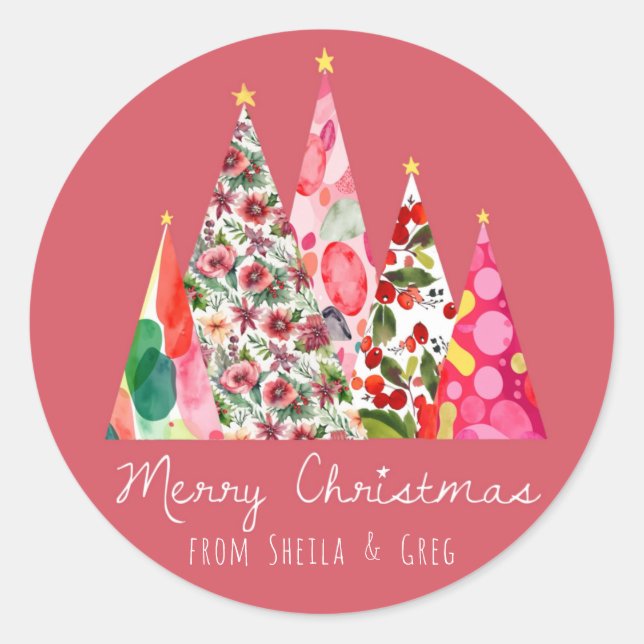 Pink Christmas Modern Elegant Trees Classic Round Sticker (Front)