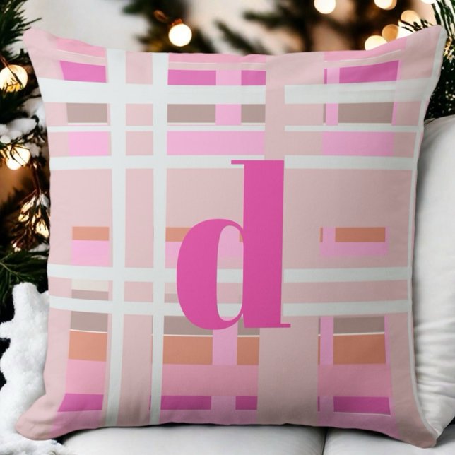 Pink Christmas monogram plaid blush white orange Cushion (Creator Uploaded)