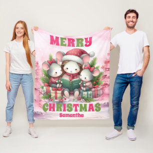Pink Christmas Mouse Personalised Kids Name Fleece Blanket