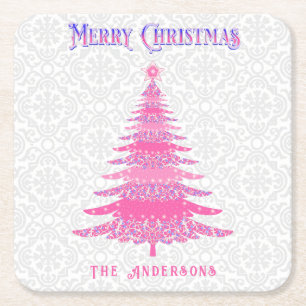 Pink Christmas Name Custom Elegant Modern  Square Paper Coaster