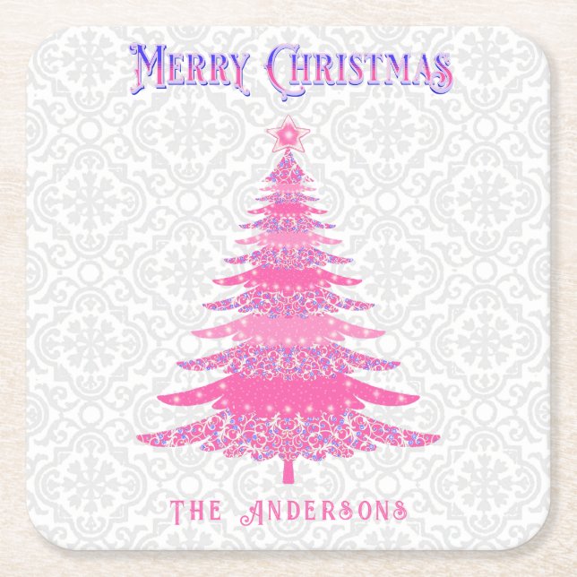 Pink Christmas Name Custom Elegant Modern  Square Paper Coaster (Front)
